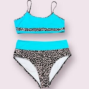 Swimsuit 2 Piece Bikini High Waist Unpadded Plus Size 3XL Animal Pint Colorblock